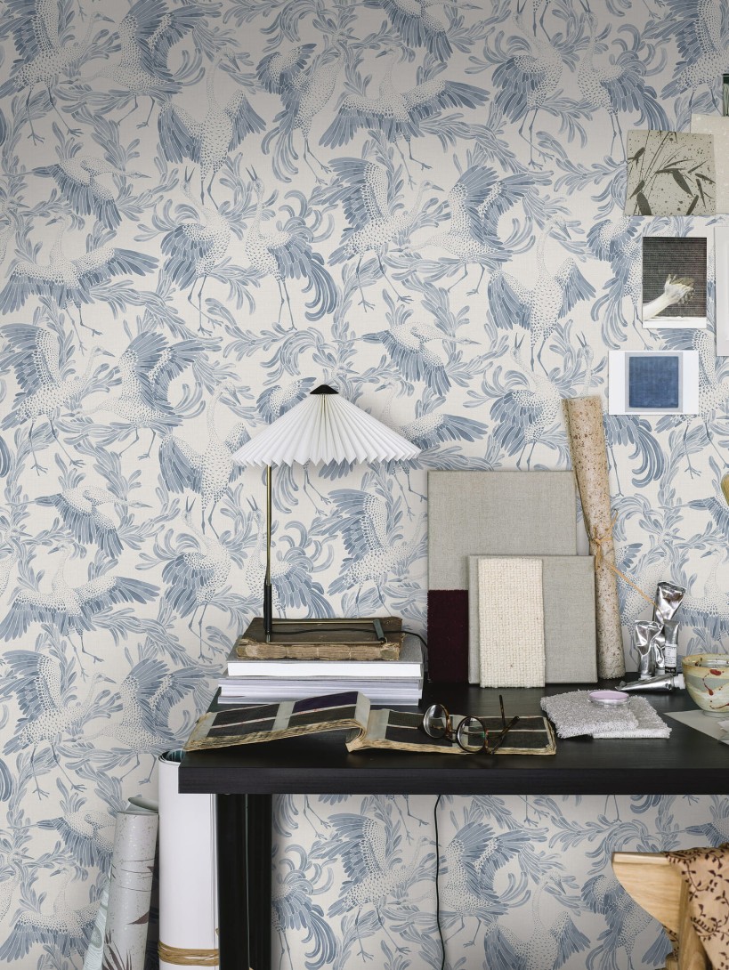 Boras Tapeter 3129 Eastern Simplicity Dancing Crane Blue - tapeta w żurawie