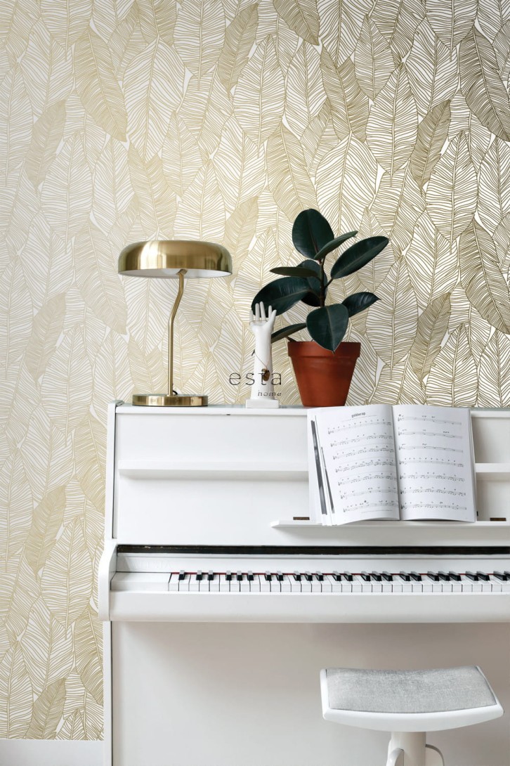 Tapeta Esta Black & White With A Splash Of Gold 139125 Pen Drawn Leaves