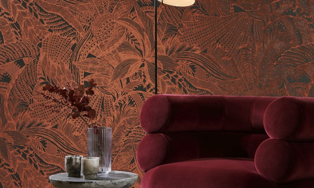 Arte 85563 Icons Symbiosis Maroon - tapeta roślinna z efektem rattanu