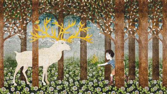 Mural Tecnografica Art Alberto Corbetta Il cervo e il bambino BOSCO