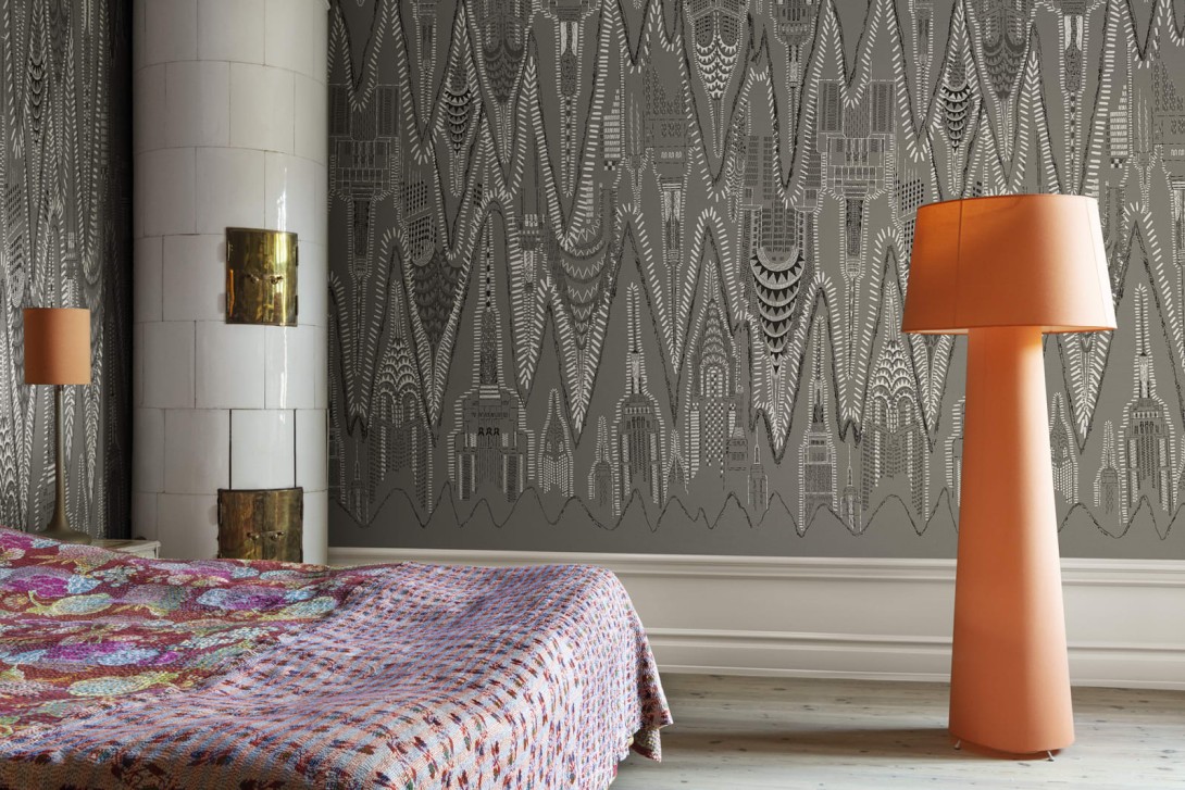 Fototapeta Rebel Walls Zandra Rhodes R17962 Manhattan Graphite - tapeta drapacze chmur