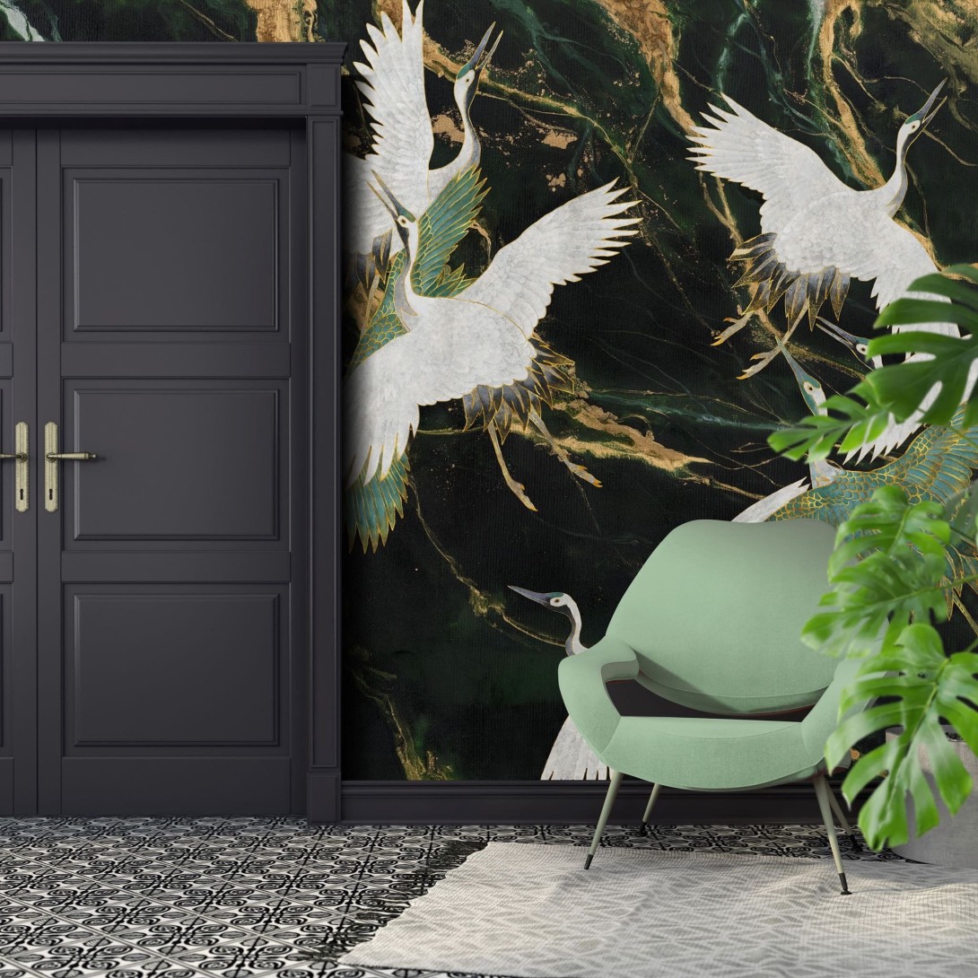 Wall Art Emerald Tsuru - mural żurawie