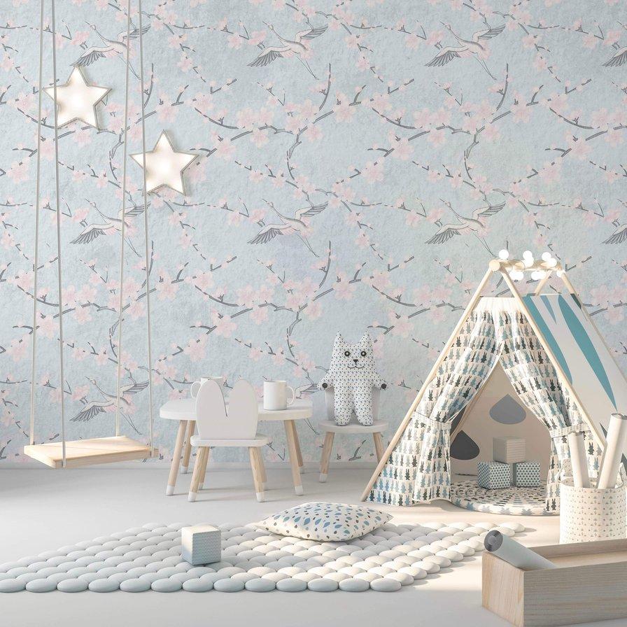 Tapeta Wall Art Classic Sakura blue - tapeta kwiaty jabłoni i żurawie