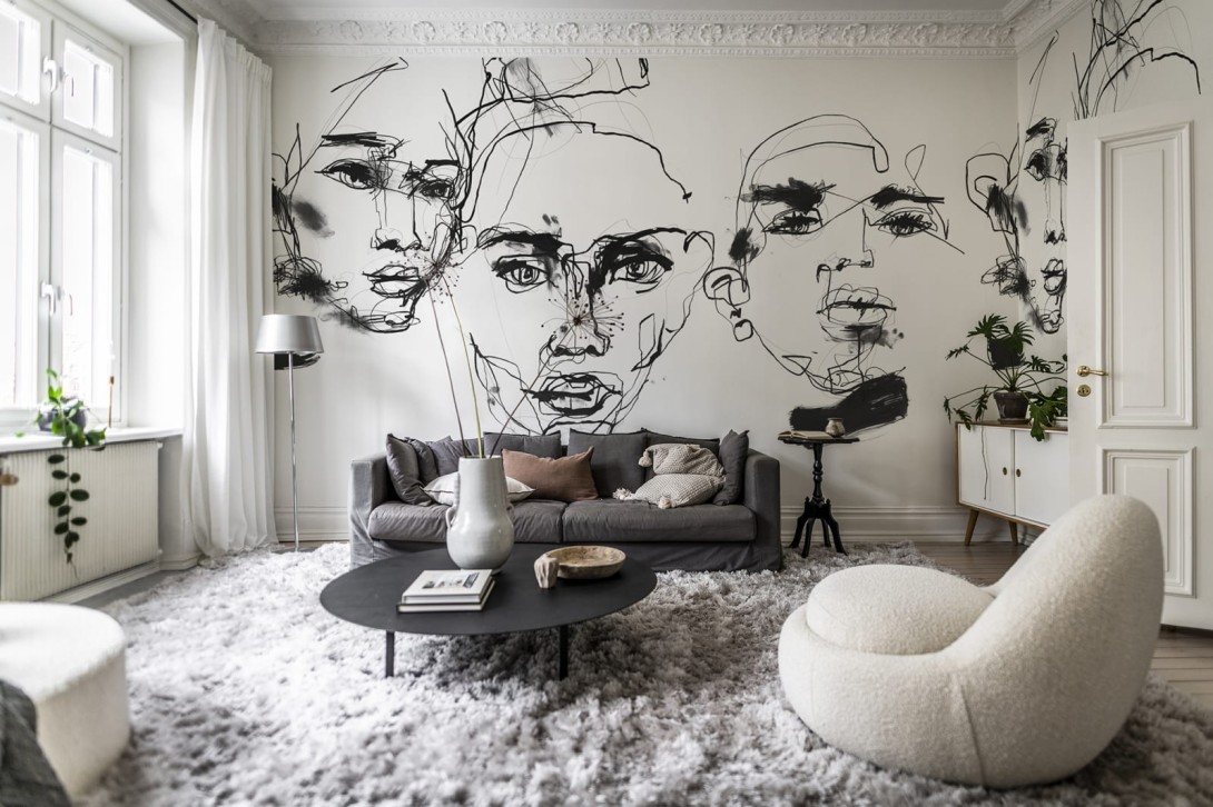 Rebel Walls R18271 Linda Vagnelind Ottoman Bozetto Graphite - mural z zarysami twarzy