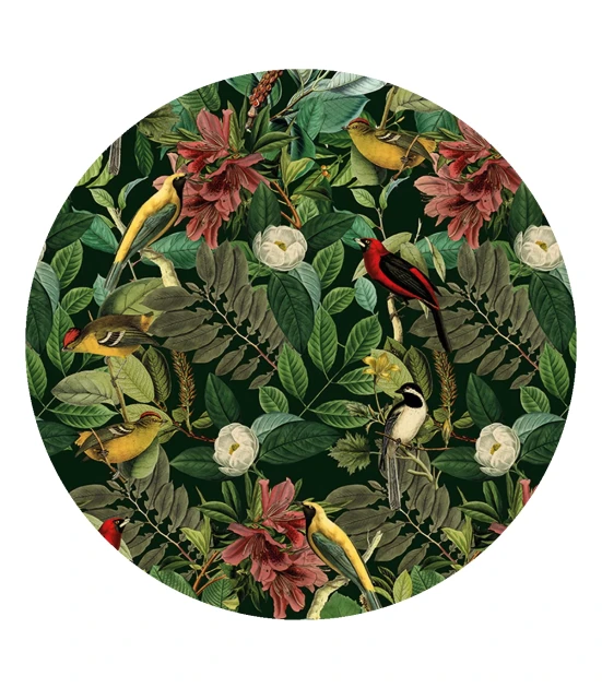 Wallcolors Dots Dark Colors - okrągły mural z motywem liści, kwiatów i ptaków