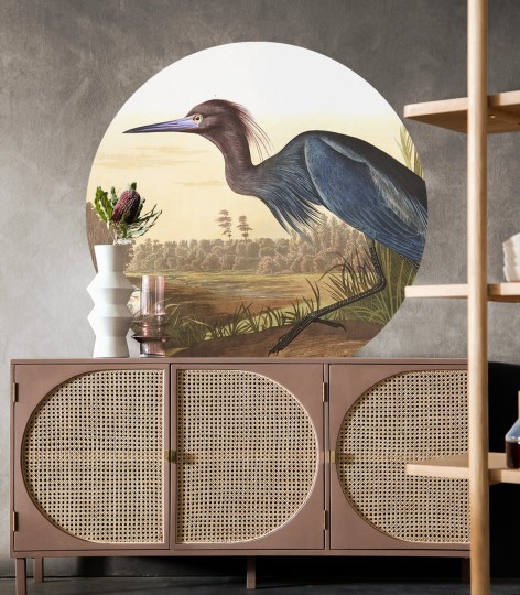 Wallcolors Dots Bird Grass - okrągły mural z motywem czapli, łąki i rzeki