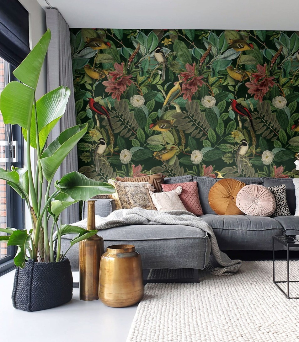 Wallcolors Bestseller Dark Colors  - mural botaniczny z ptakami