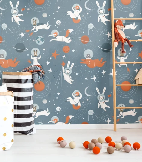 Wallcolors Kids World Animals In Universe Gray  - mural z kosmosem