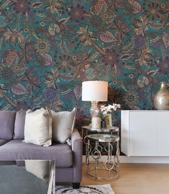 Wallcolors Medicine Oriental Flower Tourquise 100 x 250 - mural botaniczny