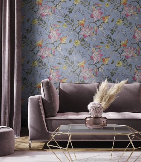 Wallcolors Medicine Flower Fever  - mural w kwiaty na niebieskim tle
