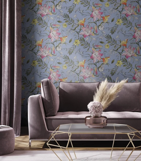 Wallcolors Medicine Flower Fever  - mural w kwiaty na niebieskim tle
