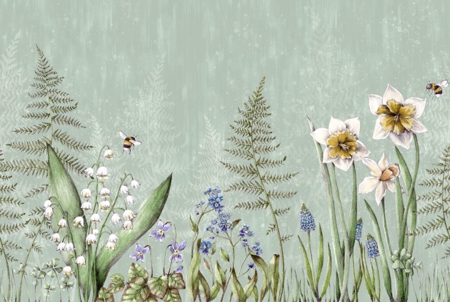 Rebel Walls R18641 Julia Appel Bumblebee Green - mural łąka