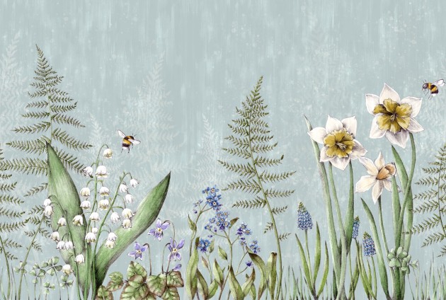 Rebel Walls R18643 Julia Appel Bumblebee Light Blue - mural łąka