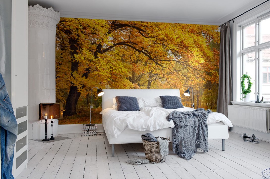 Rebel Walls R10191 Panorama Yellow Leafy Trees - mural las jesienią