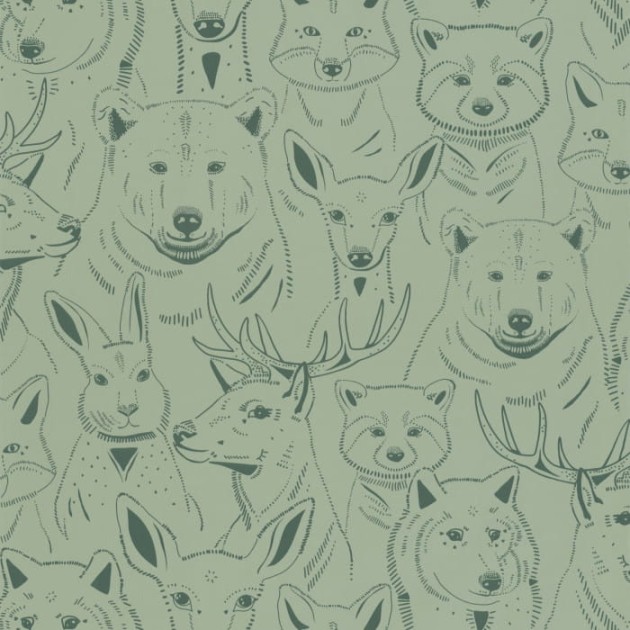 Caselio 103527270 Autour Du Monde S’amuser Vert de Gris - tapeta leśne zwierzątka