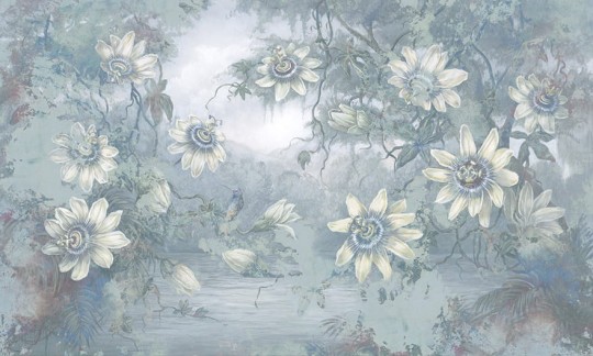 Wonderwall 35 0702 03 Pasiflora - mural kwiaty na tle jeziora