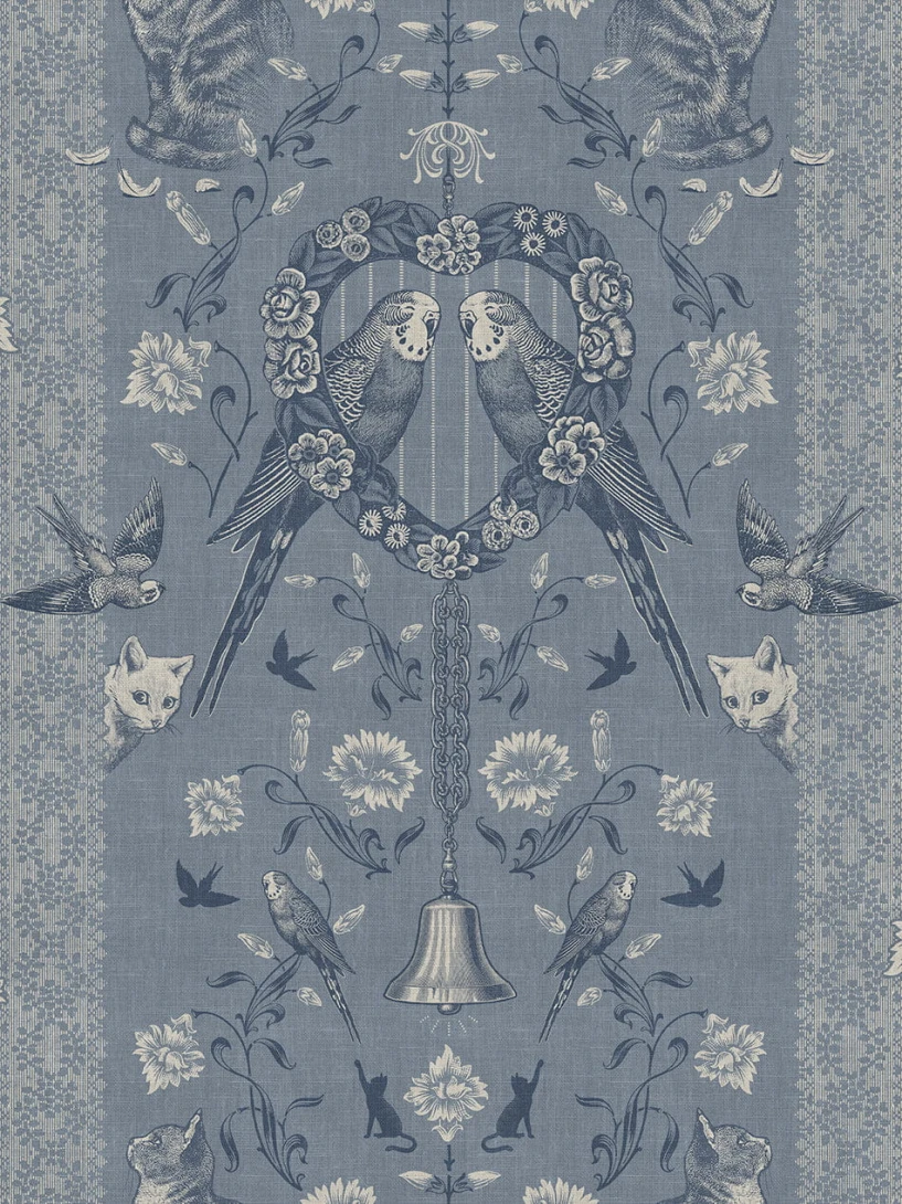 Divine Savages DVS118 Bye Bye Birdie! French Blue - tapeta art-deco w ptaki i koty
