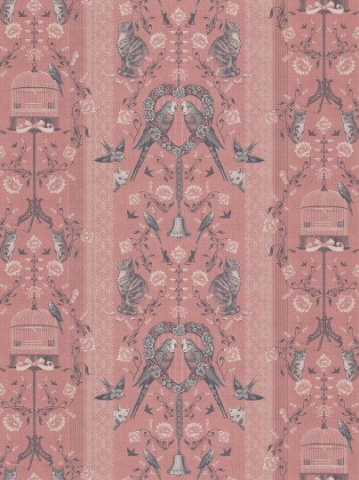 Divine Savages DVS116 Bye Bye Birdie! Petticoat Pink - tapeta art-deco w ptaki i koty