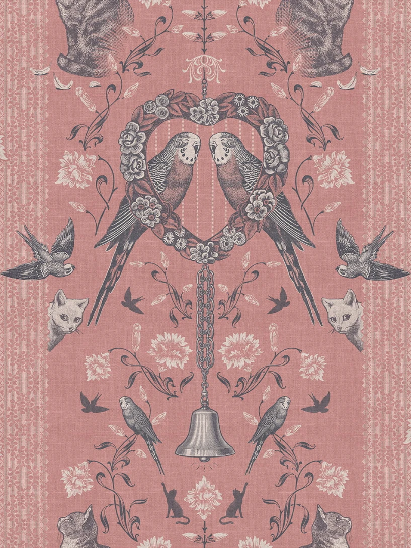 Divine Savages DVS116 Bye Bye Birdie! Petticoat Pink - tapeta art-deco w ptaki i koty