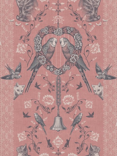 Divine Savages DVS116 Bye Bye Birdie! Petticoat Pink - tapeta art-deco w ptaki i koty