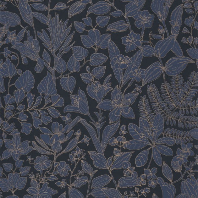 Casadeco 87596983 Gardens Esquisse Bleu Encre - tapeta zarysy kwiatów i liści