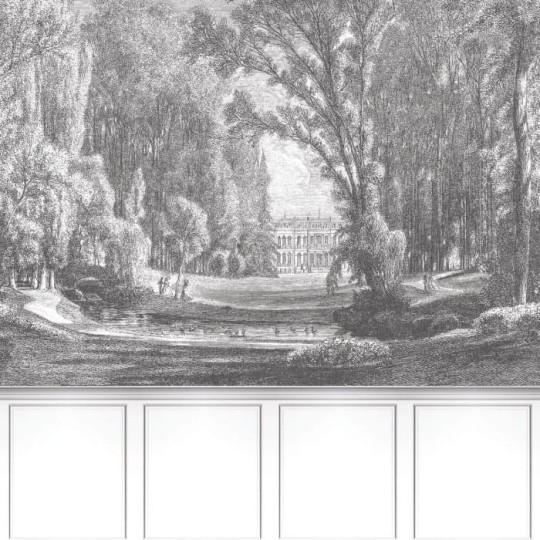Casadeco 87989209 Les Belles Toiles De Jouy Balade Au Parc Noir Gravure - mural z romantycznym dworkiem