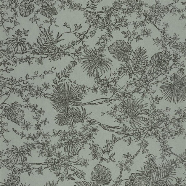 Casadeco 88027314 Les Belles Toiles De Jouy Jardin Des Plantes Velours Vert Sauge - tapeta botaniczne ryciny