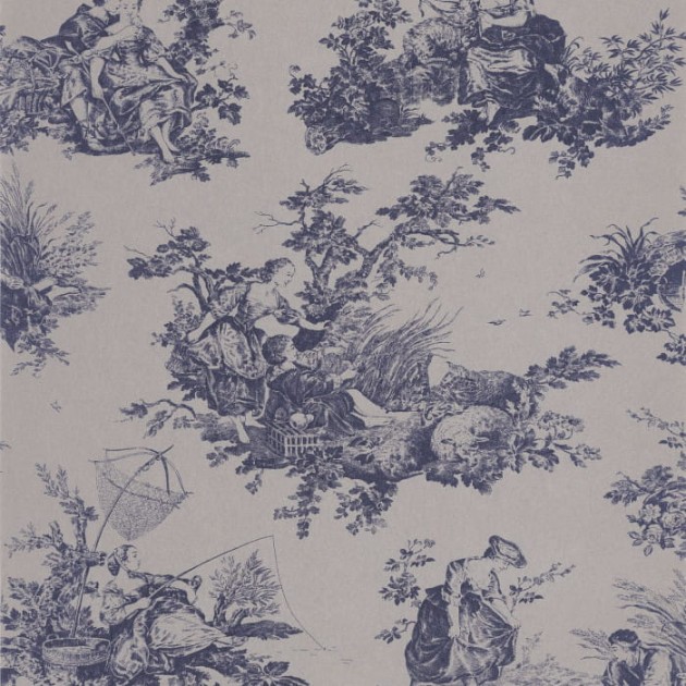 Casadeco 87996706 Les Belles Toiles De Jouy Scene D’ete Velours Bleu Profond - tapeta z romantyczną scenerią