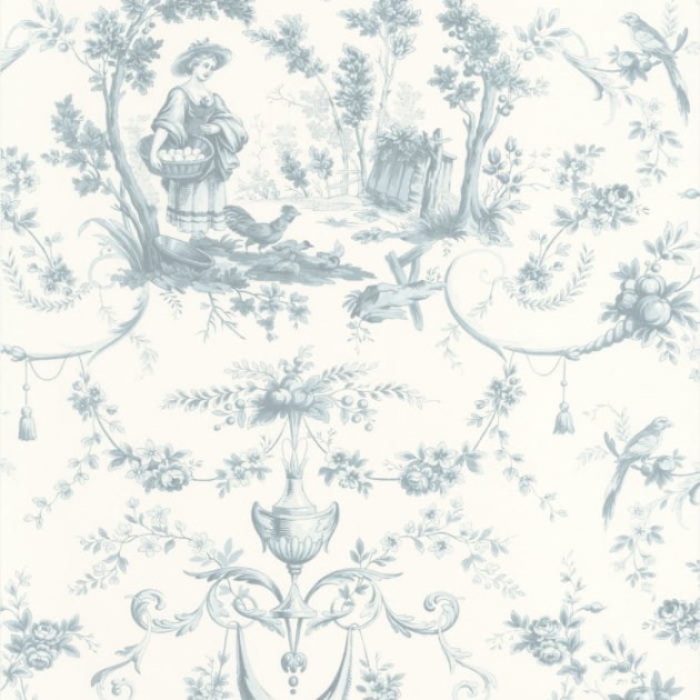 Casadeco 87976322 Les Belles Toiles De Jouy L’orangerie Bleu Grise - tapeta z romantyczną scenerią