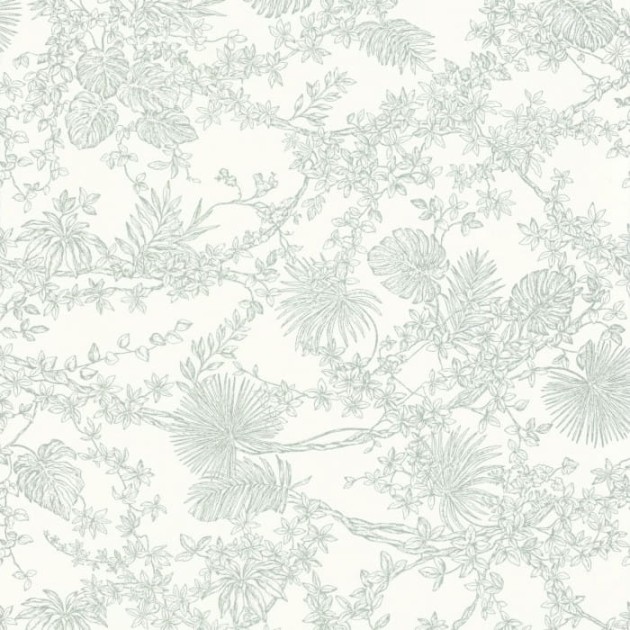 Casadeco 87957109 Les Belles Toiles De Jouy Jardin Des Plantes Vert De Gris - tapeta botaniczne ryciny