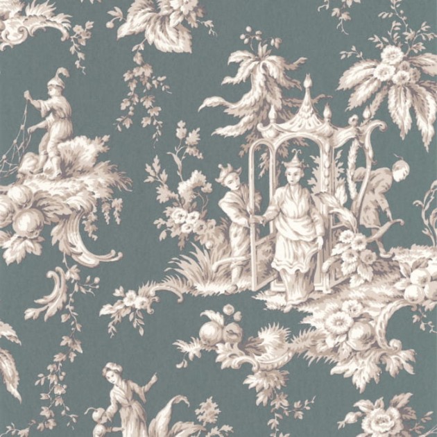 Casadeco 87937511 Les Belles Toiles De Jouy Palais De Chine Vert Emeraude - tapeta orientalna sceneria