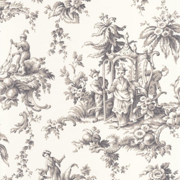Casadeco 87939516 Les Belles Toiles De Jouy Palais De Chine Noir Fusain - tapeta orientalna sceneria