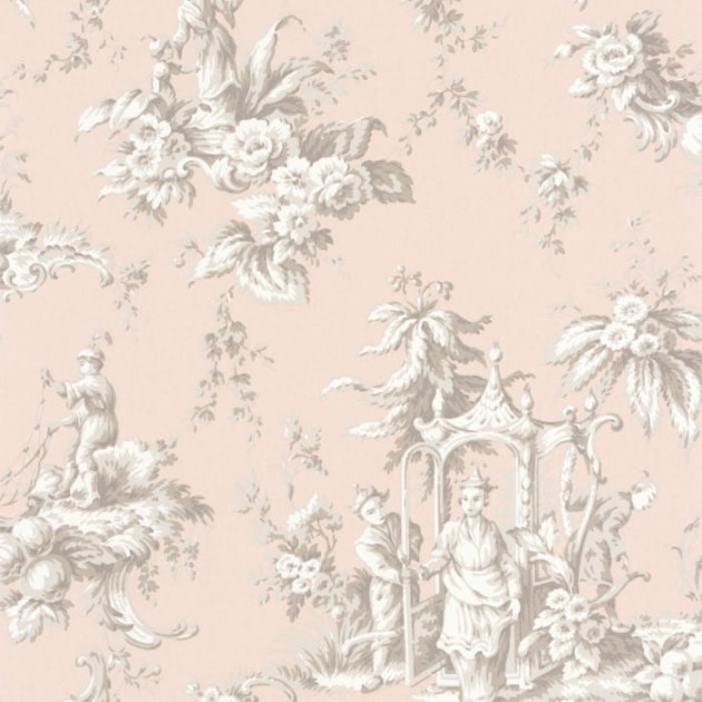 Casadeco 87934305 Les Belles Toiles De Jouy Palais De Chine Rose Poudre - tapeta orientalna sceneria