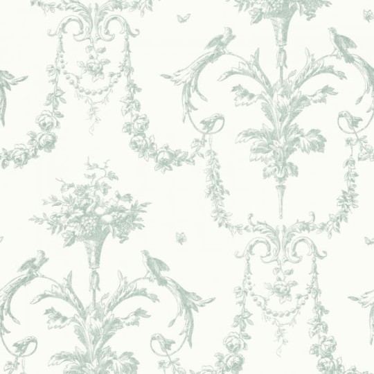 Casadeco 87927323 Les Belles Toiles De Jouy Corne D’abondance Vert Suge - tapeta kosze kwiatów
