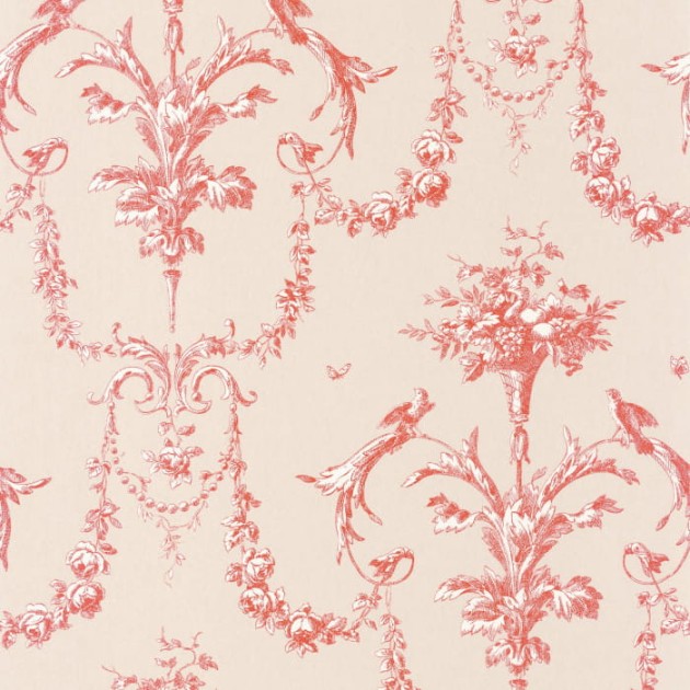 Casadeco 87928213 Les Belles Toiles De Jouy Corne D’abondance Rouge Carmin - tapeta kosze kwiatów