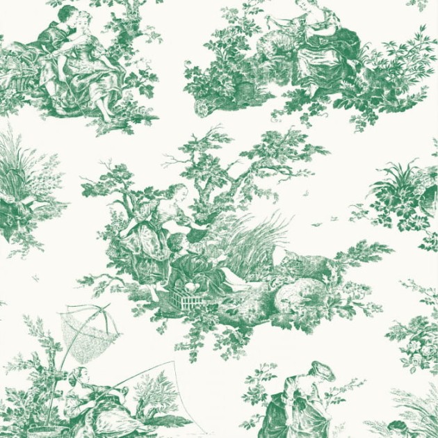 Casadeco 87917710 Les Belles Toiles De Jouy Scene D’ete Vert Empire - tapeta z romantyczną scenerią