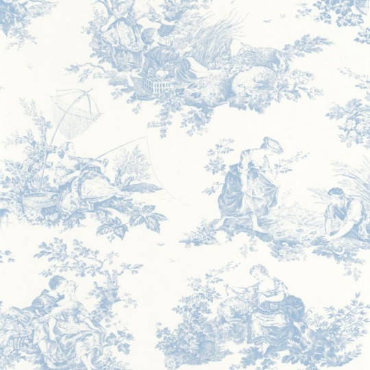 Casadeco 87916217 Les Belles Toiles De Jouy Scene D’ete Bleu Porcelaine - tapeta z romantyczną scenerią