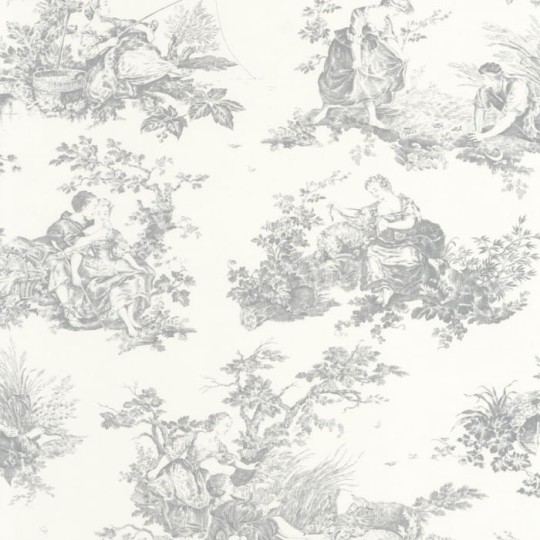 Casadeco 87919103 Les Belles Toiles De Jouy Scene D’ete Gris Perle - tapeta z romantyczną scenerią