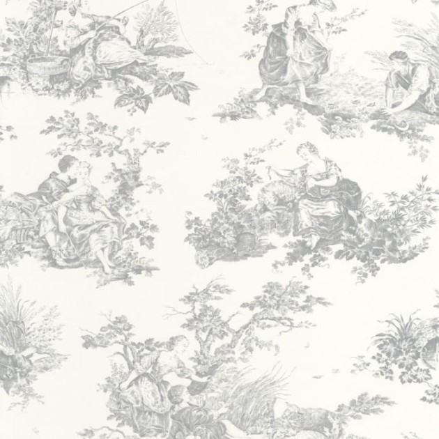 Casadeco 87919103 Les Belles Toiles De Jouy Scene D’ete Gris Perle - tapeta z romantyczną scenerią