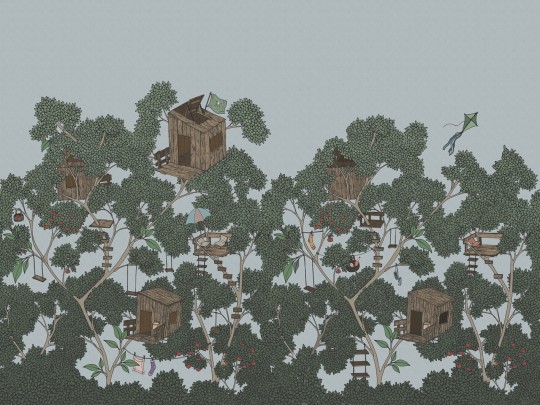 Rebel Walls R18221 Wonder World Playground Summer - mural z domkami na drzewie