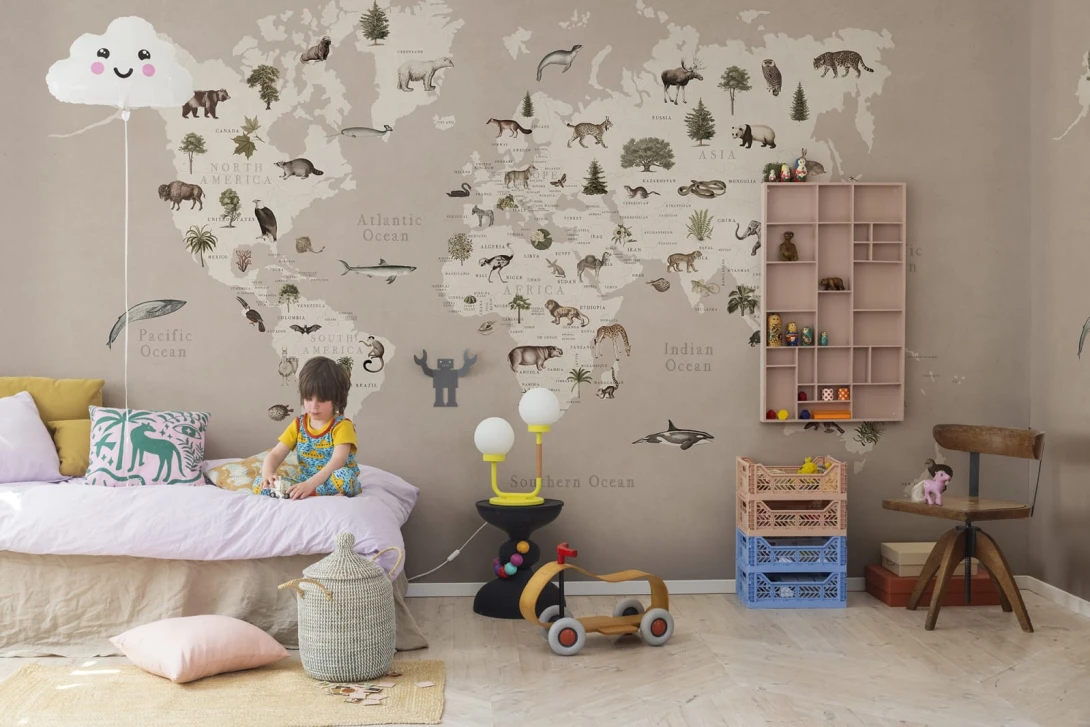 Rebel Walls R18442 Wonder World Animal World Pastel Pink - mural z mapą