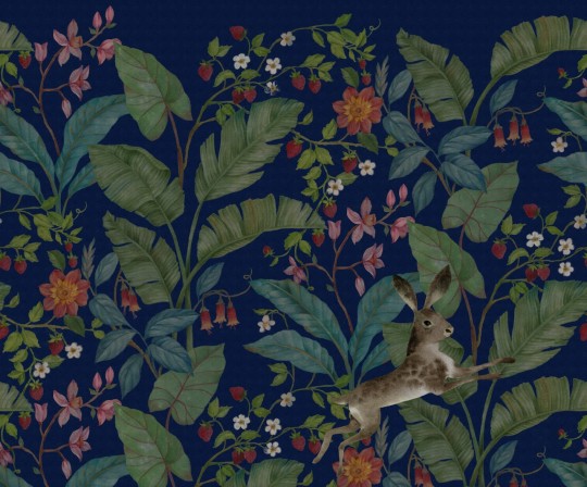 Rebel Walls R18234 Wonder World Strawberry Field Night - mural z krzaczkami truskawek