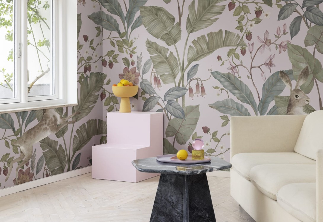 Rebel Walls R18232 Wonder World Strawberry Field Pink - mural z krzaczkami truskawek