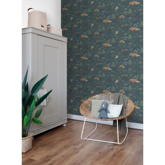 Esta 139248 Forest Friends - tapeta z leśnymi zwierzątkami na granatowym tle