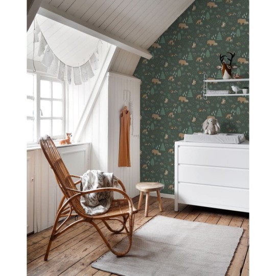 Esta 139249 Forest Friends - tapeta z leśnymi zwierzątkami na zielonym tle