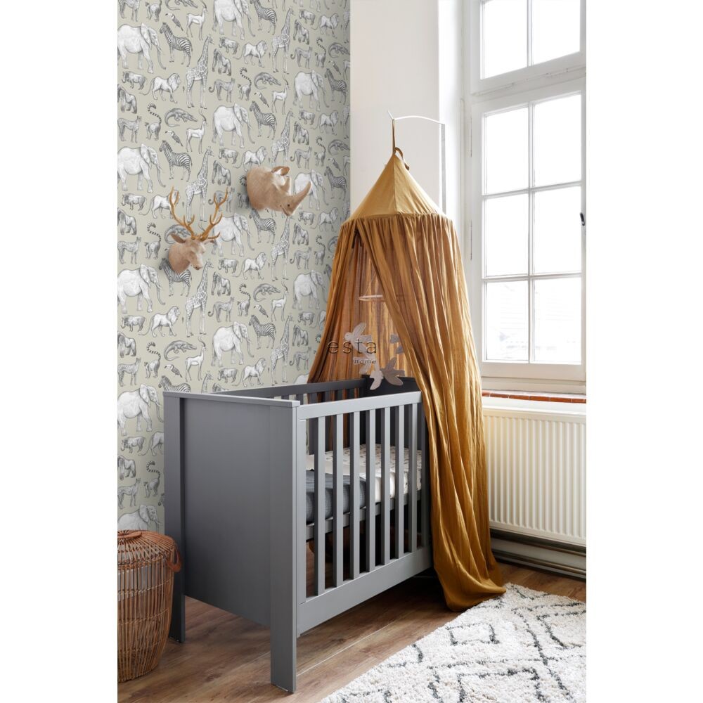 Esta 139270 Forest Friends - tapeta z motywem zwierząt z dżungli na beżowym tle