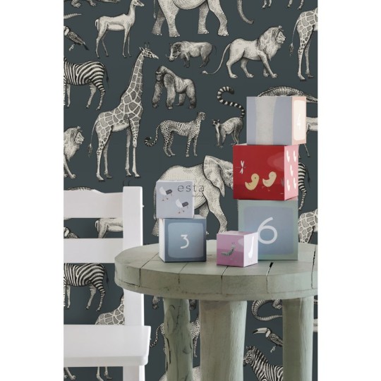 Esta 139272 Forest Friends - tapeta z motywem zwierząt z dżungli na granatowym tle