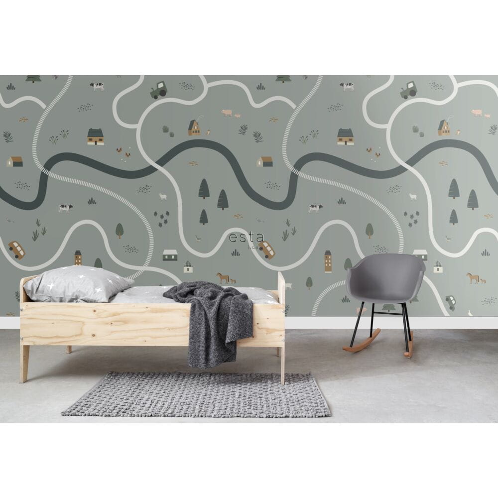 Esta 159056 Forest Friends - mural z motywem farmy z traktorami i domkami na zielonym tle