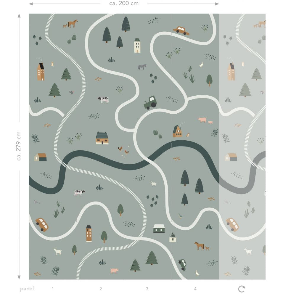 Esta 159056 Forest Friends - mural z motywem farmy z traktorami i domkami na zielonym tle