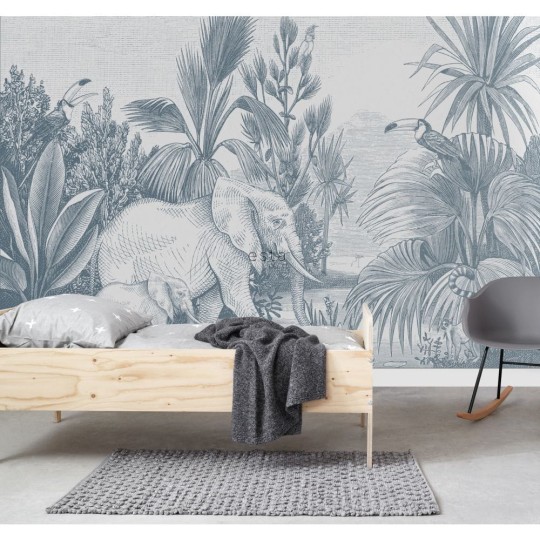 Esta 159059 Forest Friends - mural z motywem dżungli i słoni na niebieskim tle